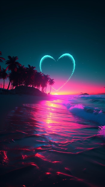 Een strandtafereel met een hartvormig bord dat liefde zegt.