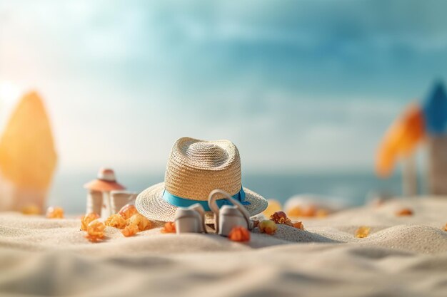 Een strandtafereel met een hoed en sandalen op het zand