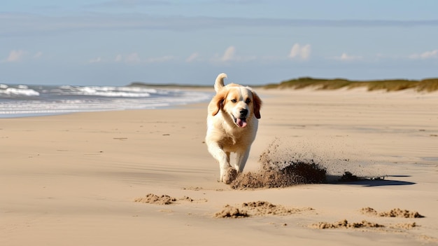 Een strandtafereel met een hond die in het zand speelt