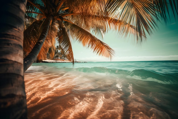 Foto een strandtafereel met een palmboom en de oceaan op de achtergrond.