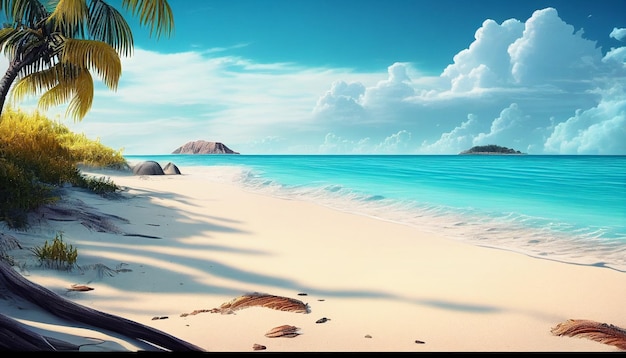 Een strandtafereel met een palmboom en een blauwe lucht