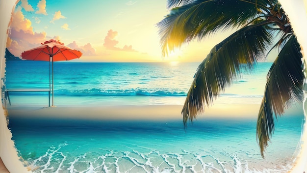 Een strandtafereel met een palmboom en een zonsondergang