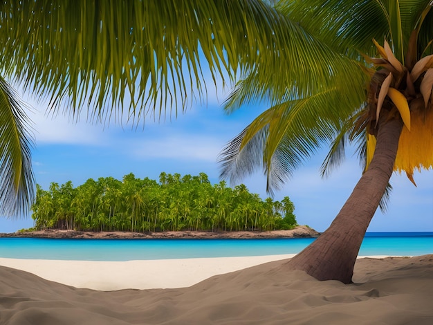 Een strandtafereel met een palmboom op het zand