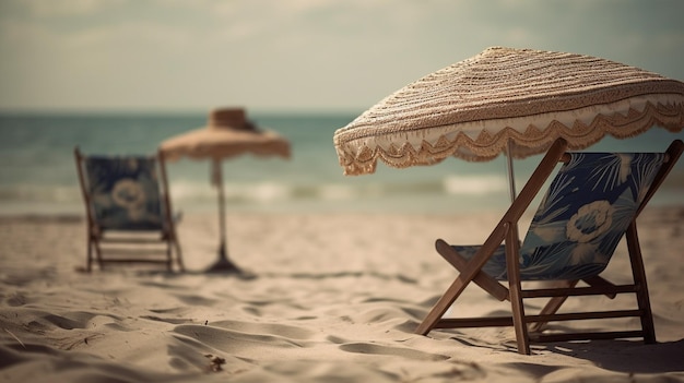 Een strandtafereel met een parasol en stoelen op het zand.