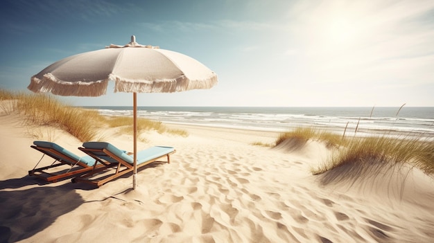 Een strandtafereel met een strandstoel en een parasol op een zonnige dag.