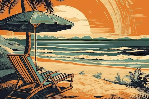 Foto een strandtafereel met een strandstoel en een parasol.