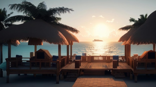Een strandtafereel met een zonsondergang en palmbomen