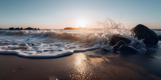 Een strandtafereel met een zonsondergang op de achtergrond