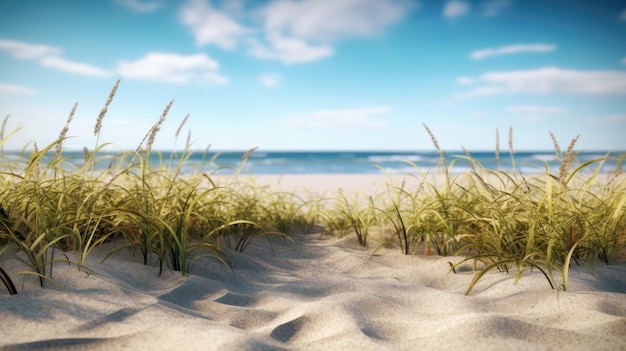 Een strandtafereel met gras en de zee op de achtergrond.