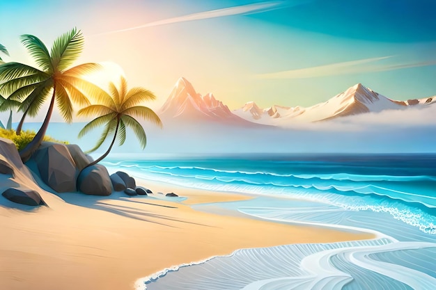 Een strandtafereel met palmbomen en bergen op de achtergrond.