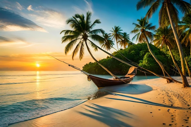 Een strandtafereel met palmbomen en een boot op het strand