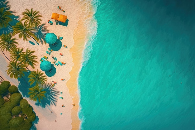 Een strandtafereel met palmbomen en een strand met een strandtafereel