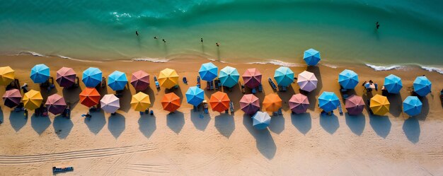 Een strandtafereel met parasols en mensen die in het water zwemmen.