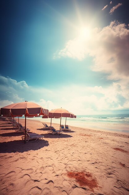 Een strandtafereel met parasols en stoelen op een zonnige dag.