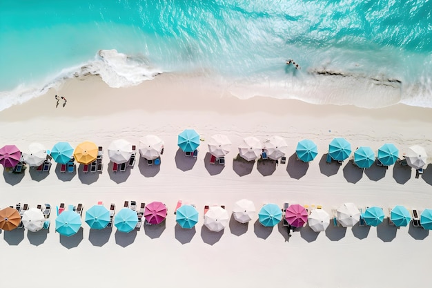 Een strandtafereel met parasols en strandstoelen