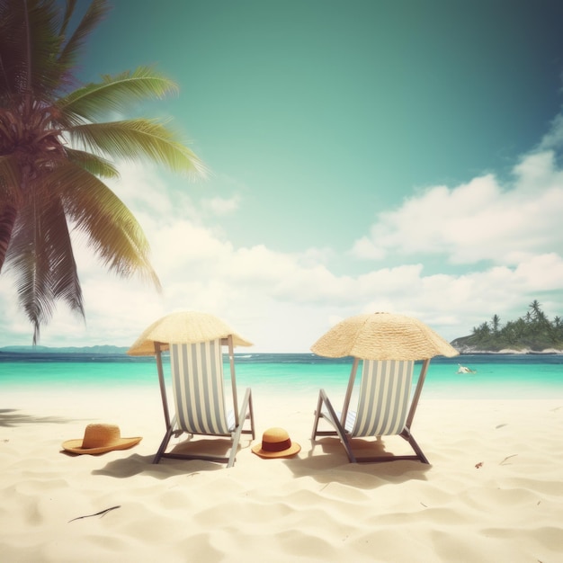 Een strandtafereel met rechts twee strandstoelen en een palmboom.