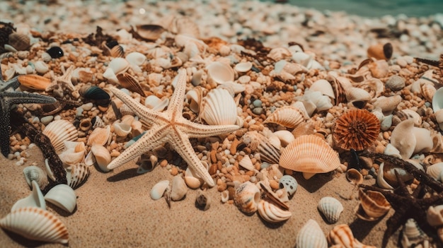 Een strandtafereel met schelpen en zeesterren op het zand