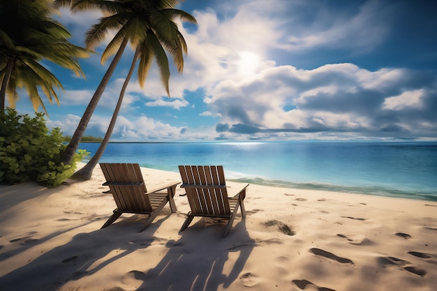 Een strandtafereel met twee lege stoelen en palmbomen op het strand.