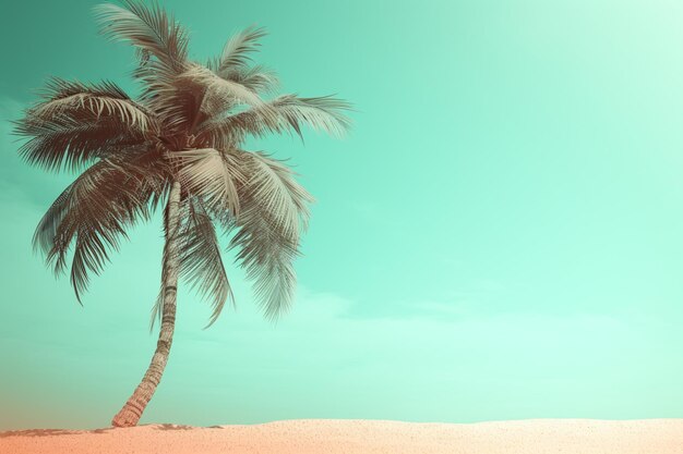 Een strandtafereel met twee palmbomen en een blauwe lucht.