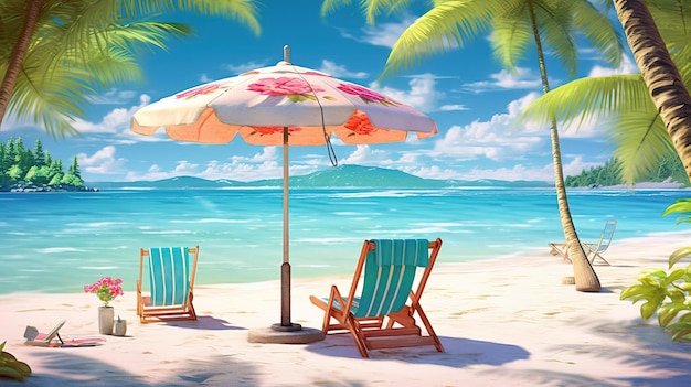 Een strandtafereel met twee strandstoelen en een parasol.