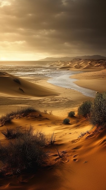 Een strandtafereel waar een rivier doorheen stroomt.