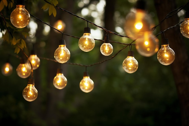 een string van lichten die op de boom hangt bokeh stijl achtergrond