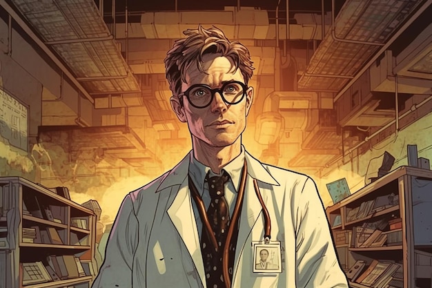 Een stripboekomslag voor de dokter die een laboratoriumjas draagt.
