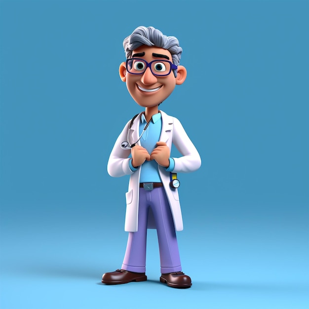 Een stripfiguur met een blauwe achtergrond en een witte jas met de tekst 'dokter'