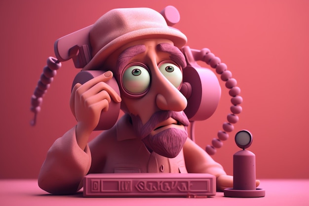 Een stripfiguur met een rode hoed en een bril die aan de telefoon praat.