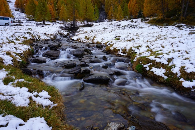 Foto een stroom die in de winter door rotsen in het bos stroomt