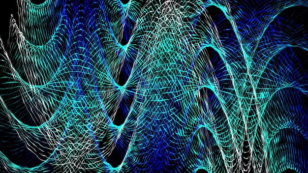 Een stroom golvende kruisende lijnen op een zwarte achtergrond Lijnen en rasters Futuristische stippenachtergrond met een dynamische golf Big data 3D render