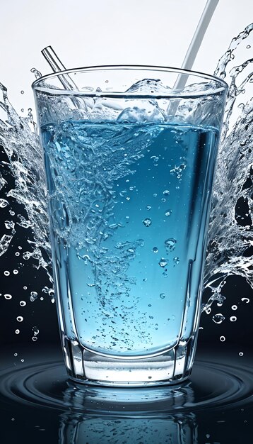 Een stroom helder transparant koud water wordt in een glazen beker op blauwe achtergrond gegoten