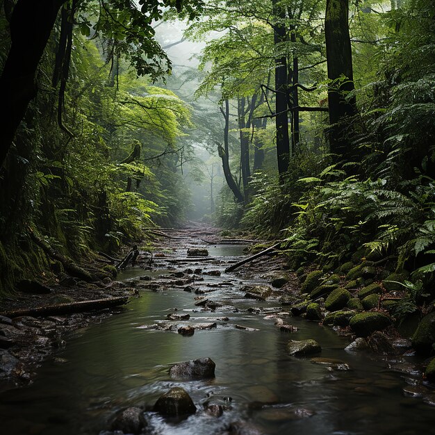 Een stroom loopt door een bos met een stroom die er doorheen loopt.