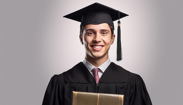 Een student heeft een boek Afstuderen en succesconcept Professionele fotoshoot