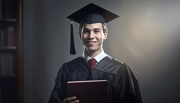 Een student heeft een boek Afstuderen en succesconcept Professionele fotoshoot