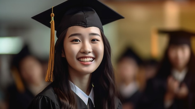 Een student in een afstudeerpet en -jurk lacht naar de camera.