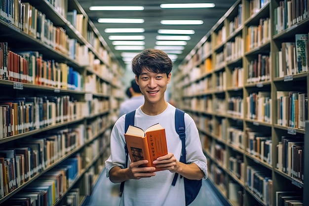 Een student leest een boek in een bibliotheek