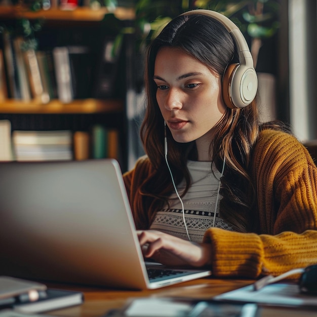 Een student met een bril en koptelefoon zit aan een bureau en werkt aan een laptop