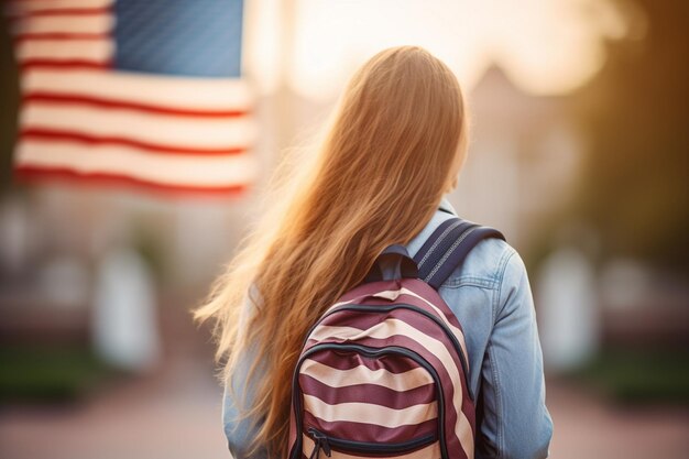 een student met een school rugzak op een lichtblauwe achtergrond een student die naar de Amerikaanse vlag kijkt