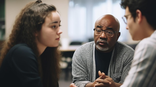 Een student praat met een student in een klaslokaal.