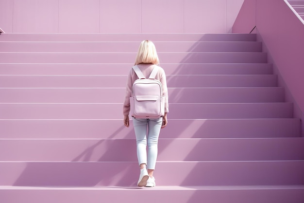 Een studentenmeisje in witte panty's en schoenen zit op de trap met een roze rugzak