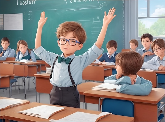 een studievolle jongen in de klas die zijn hand opheft om een vraag te beantwoorden