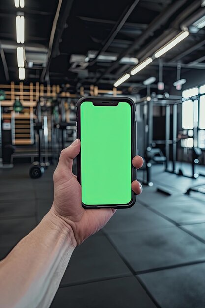 Een studio beeld van een hand die een mobiele telefoon vasthoudt met een powerlifting gym op de achtergrond het scherm van de mobiele telefoon is groen en kijkt naar de camera ar 23 v 6 Job ID 0fad094b21ee4ef1b77face65a0c3f34