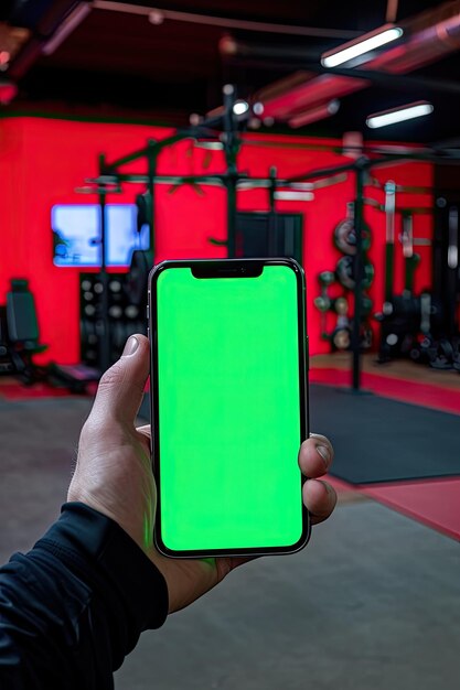 Een studio beeld van een hand die een mobiele telefoon vasthoudt met een powerlifting gym op de achtergrond het scherm van de mobiele telefoon is groen en kijkt naar de camera ar 23 v 6 Job ID cf492b116e6049eca9a233f61664fac2