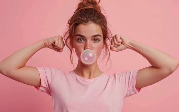 Een studio portret van een jonge vrouw die kracht toont