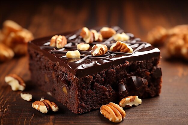 Een stuk brownie cake met stukjes en gesmolten chocolade op een witte plaat