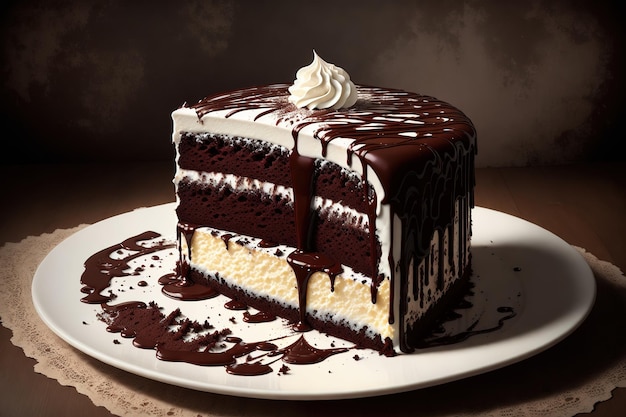 Een stuk cake met witte chocoladesuikerglazuur en een chocoladedrizzle.