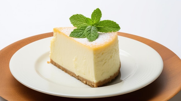 een stuk cheesecake ligt op een bord met muntblaadjes.