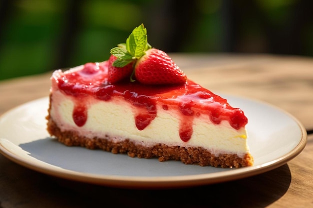 Een stuk cheesecake met aardbei en een aardbei erop.