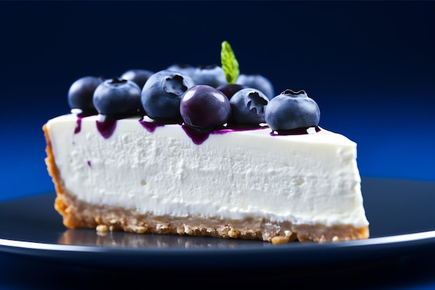 Een stuk cheesecake met bosbessen erop.